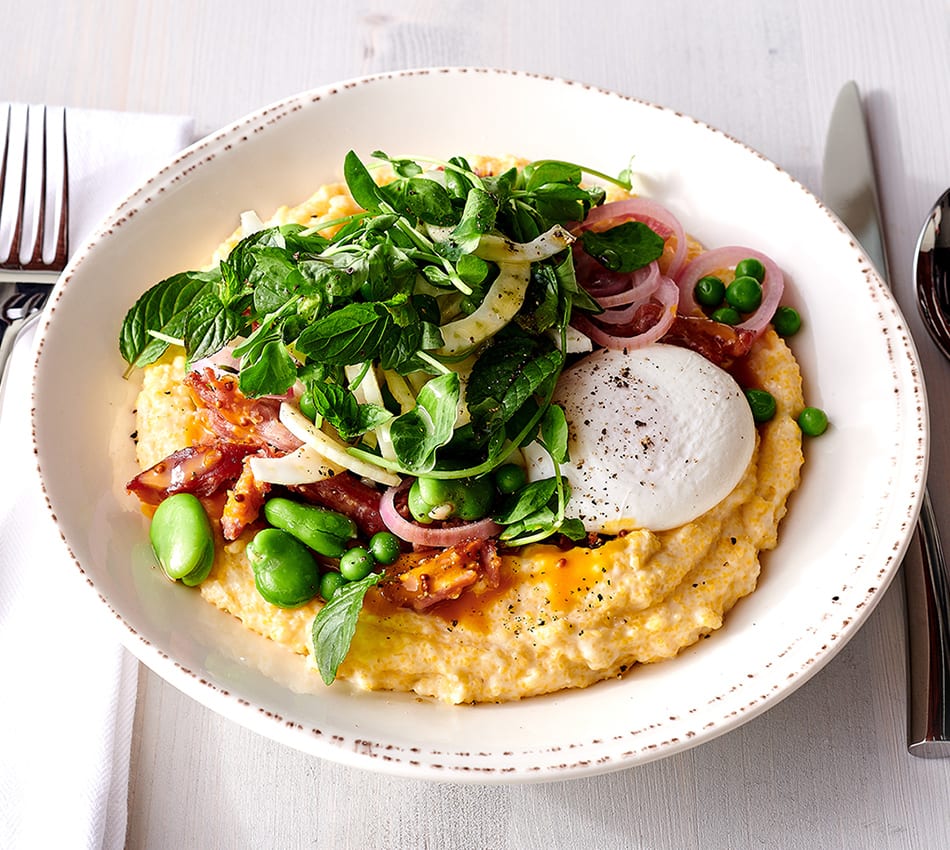 Cheesy Grits With Pulled Pork & Spring Vegetables